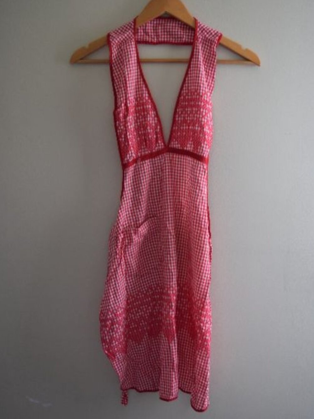 Vintage Handsewn Red Gingham Smocked Apron with Embroidery Detail